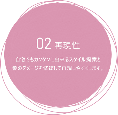 02再現性:自宅でもカンタンに出来るスタイル提案と髪のダメージを修復して再現しやすくします。